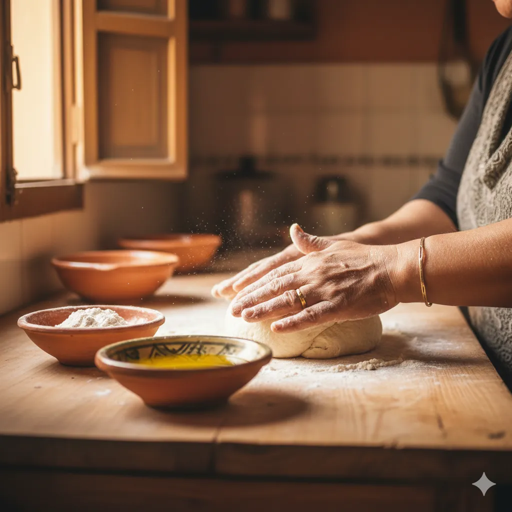 Nadia's hands preparing Moroccan food by hand in her kitchen in Coín